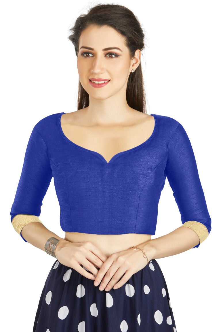 Aastha Fashion Royal Blue Art Silk Sweet Heart Neck style Matty in Sleeves Readymade Blouse - Distacart
