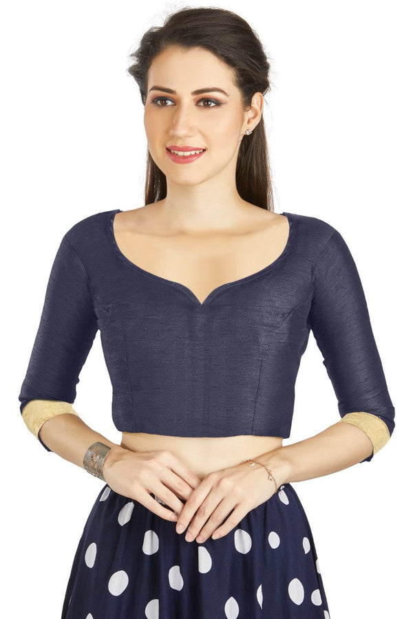 Aastha Fashion Navy Blue Art Silk Sweet Heart Neck style Matty in Sleeves Readymade Blouse - Distacart