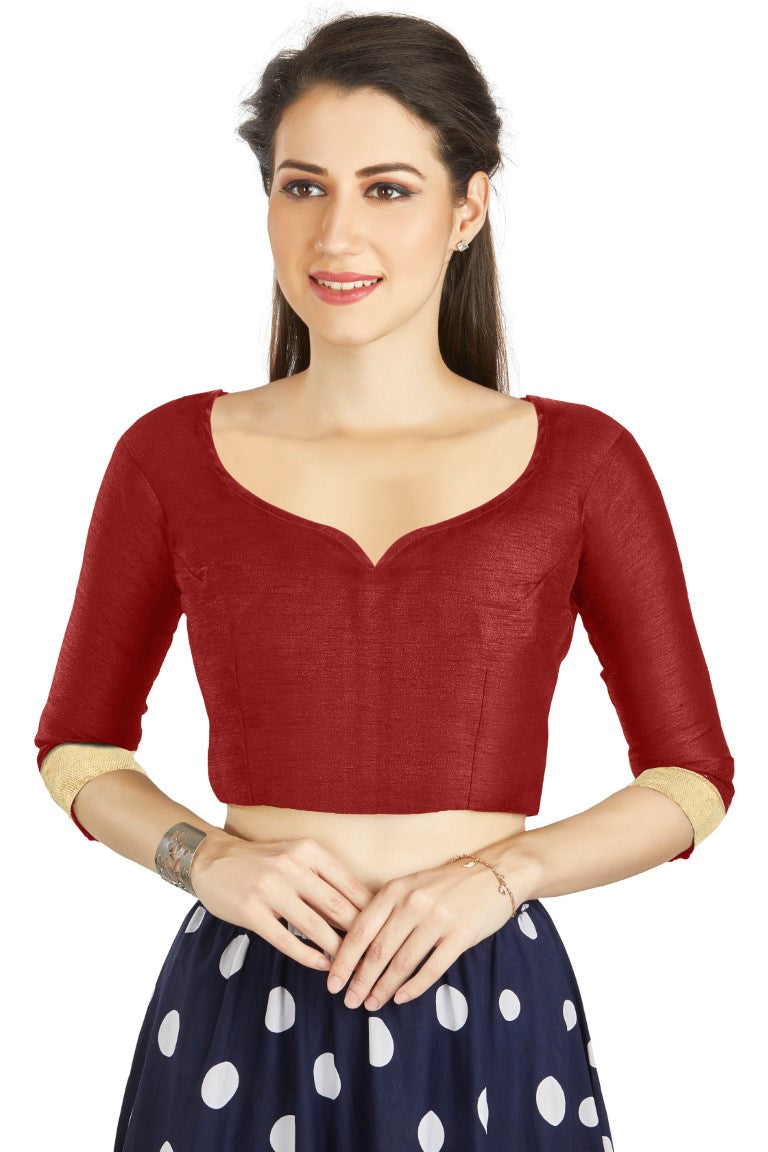 Aastha Fashion Maroon Art Silk Sweet Heart Neck style Matty in Sleeves Readymade Blouse - Distacart