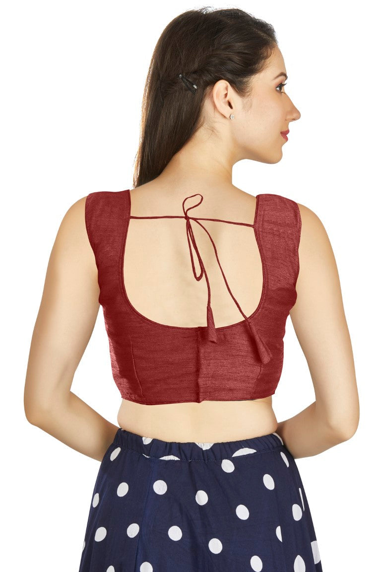 Aastha Fashion Maroon Art Silk Pleated Boat Neck Plain Readymade Blouse - Distacart
