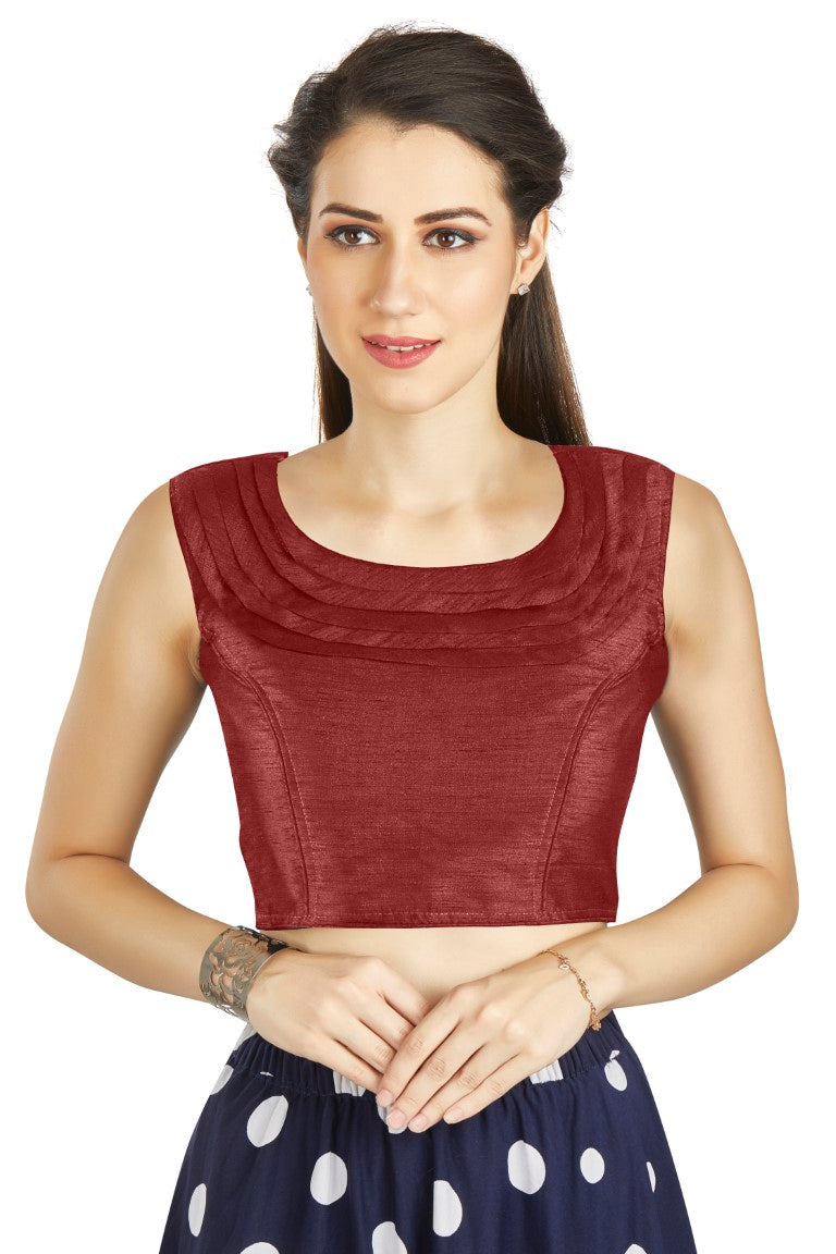 Aastha Fashion Maroon Art Silk Pleated Boat Neck Plain Readymade Blouse - Distacart