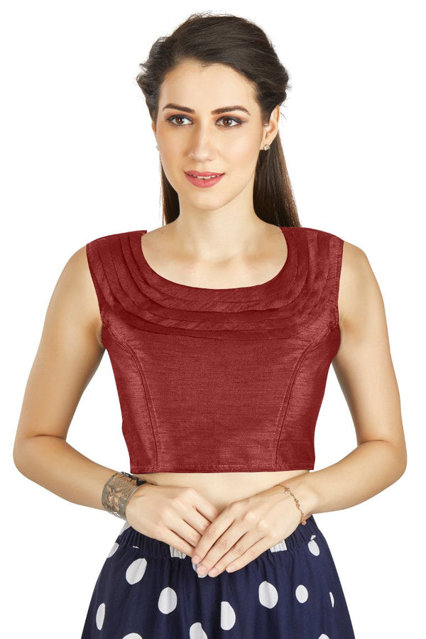 Aastha Fashion Maroon Art Silk Pleated Boat Neck Plain Readymade Blouse - Distacart
