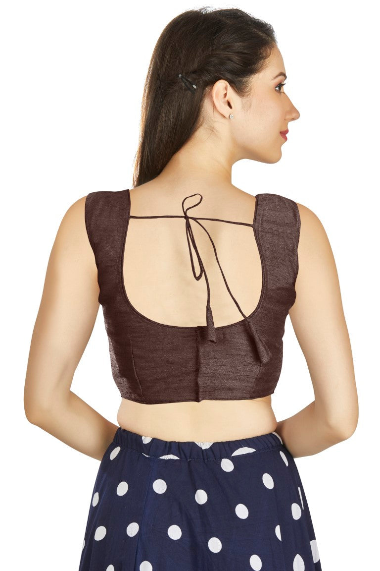 Aastha Fashion Brown Art Silk Pleated Boat Neck Plain Readymade Blouse - Distacart