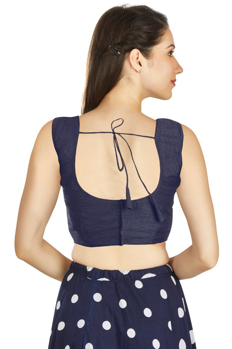 Aastha Fashion Navy Blue Art Silk Pleated Boat Neck Plain Readymade Blouse - Distacart