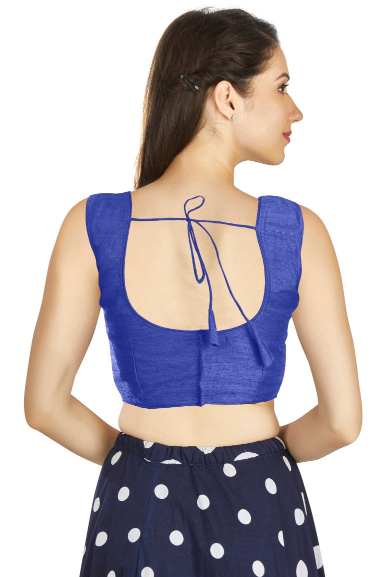 Aastha Fashion Royal Blue Art Silk Pleated Boat Neck Plain Readymade Blouse - Distacart