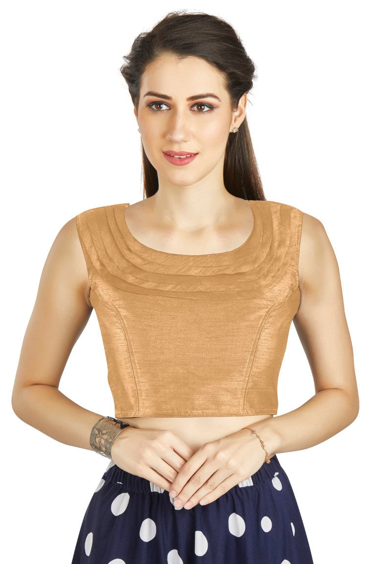 Aastha Fashion Beige Art Silk Pleated Boat Neck Plain Readymade Blouse - Distacart