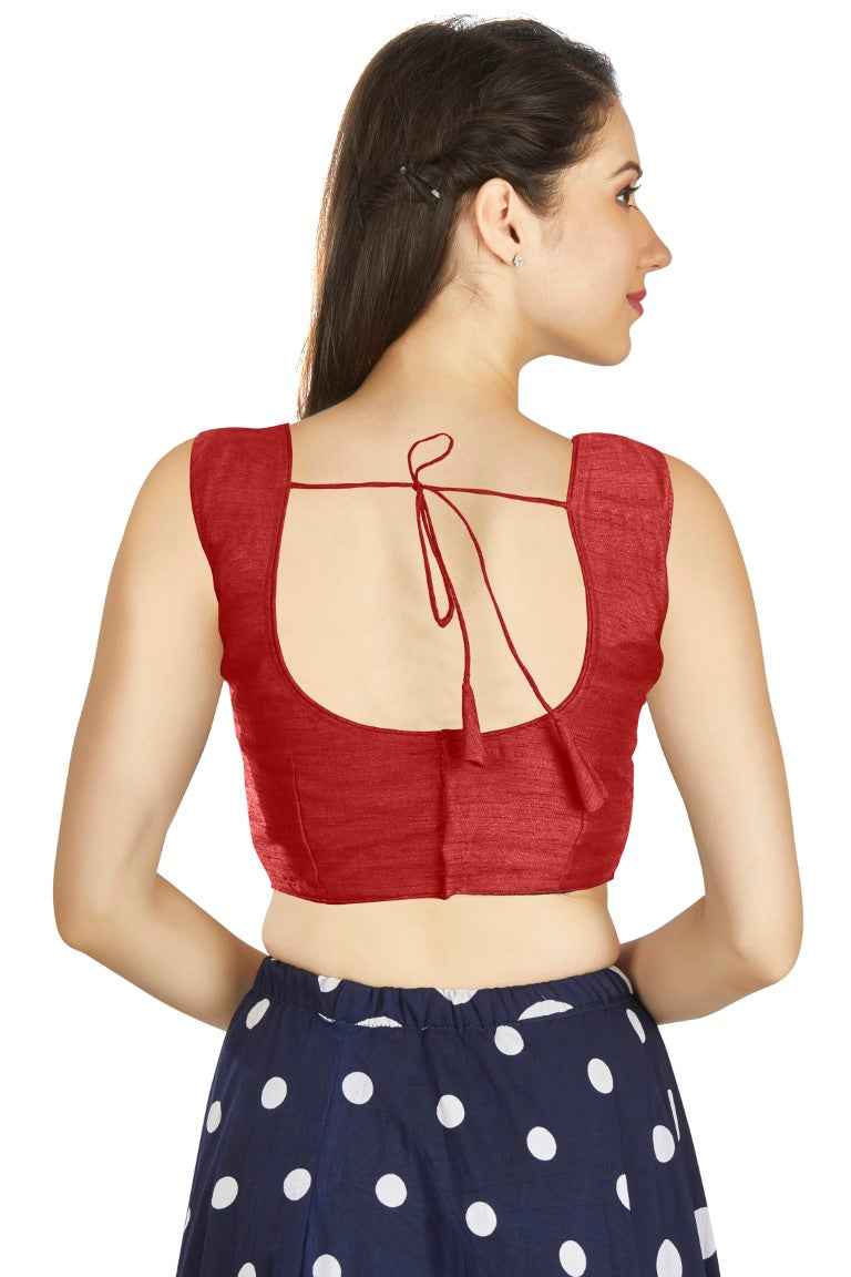 Aastha Fashion Red Art Silk Pleated Boat Neck Plain Readymade Blouse - Distacart