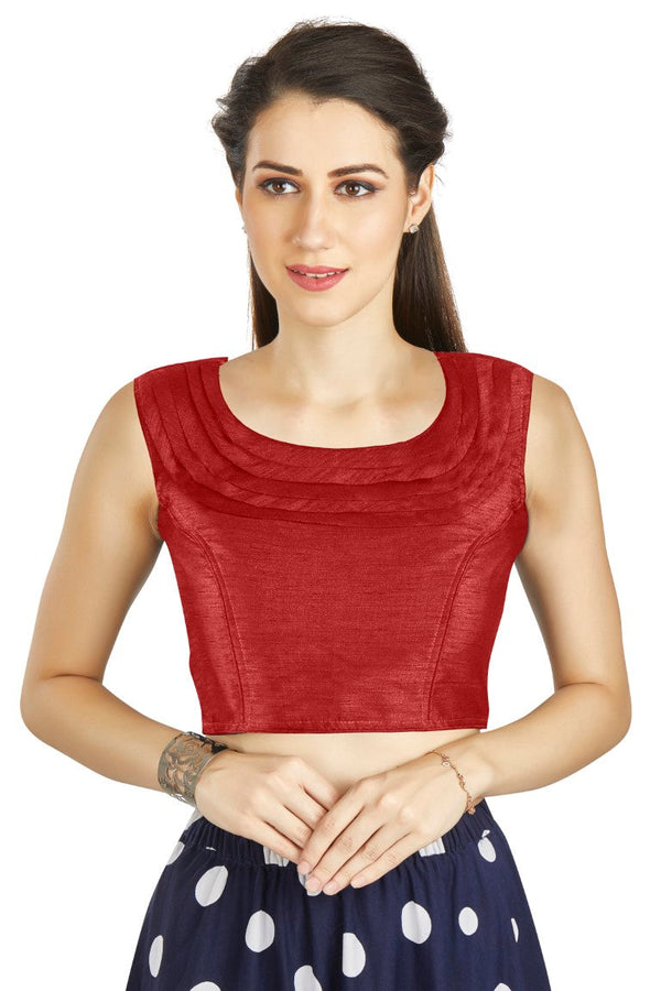 Aastha Fashion Red Art Silk Pleated Boat Neck Plain Readymade Blouse