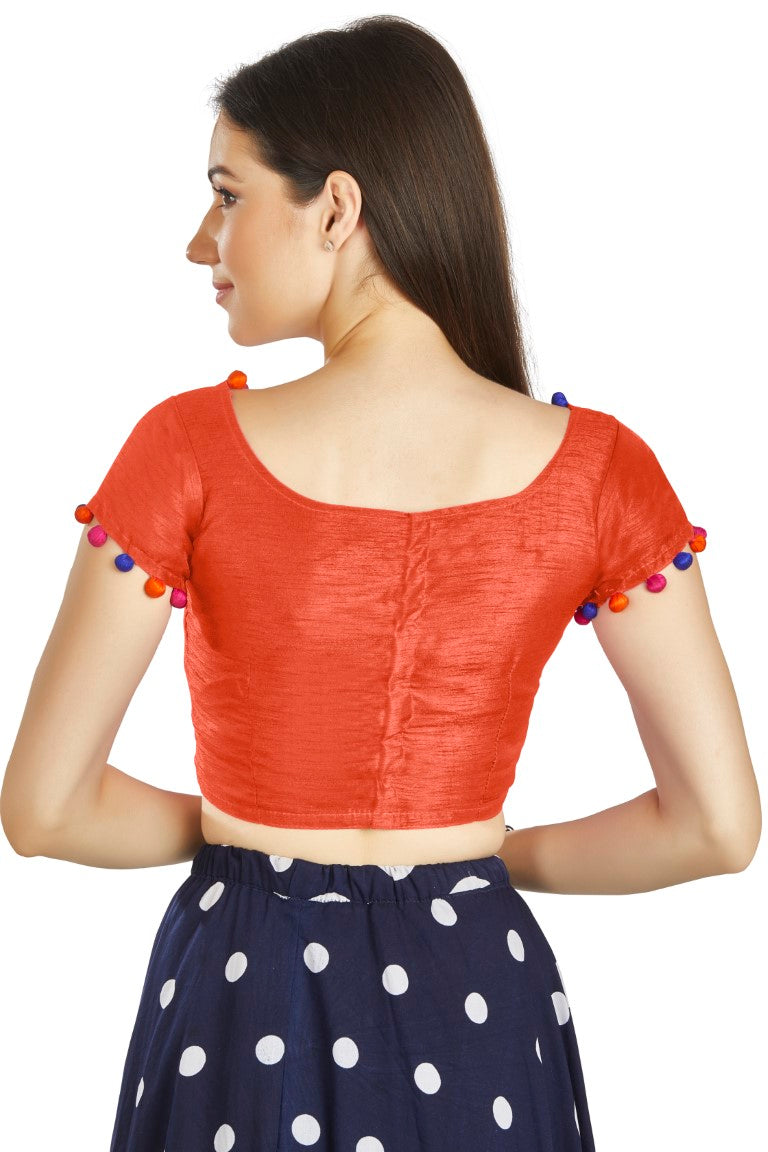 Aastha Fashion Orange Art Sleek Boat Neck Potli Design In Neck Or Sleeve Readymade Blouse - Distacart