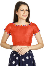 Thumbnail for Aastha Fashion Orange Art Sleek Boat Neck Potli Design In Neck Or Sleeve Readymade Blouse - Distacart