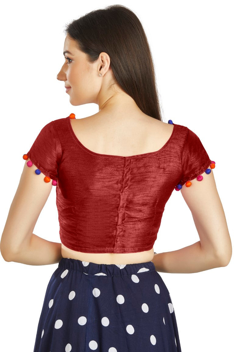 Aastha Fashion Maroon Art Sleek Boat Neck Potli Design In Neck Or Sleeve Readymade Blouse