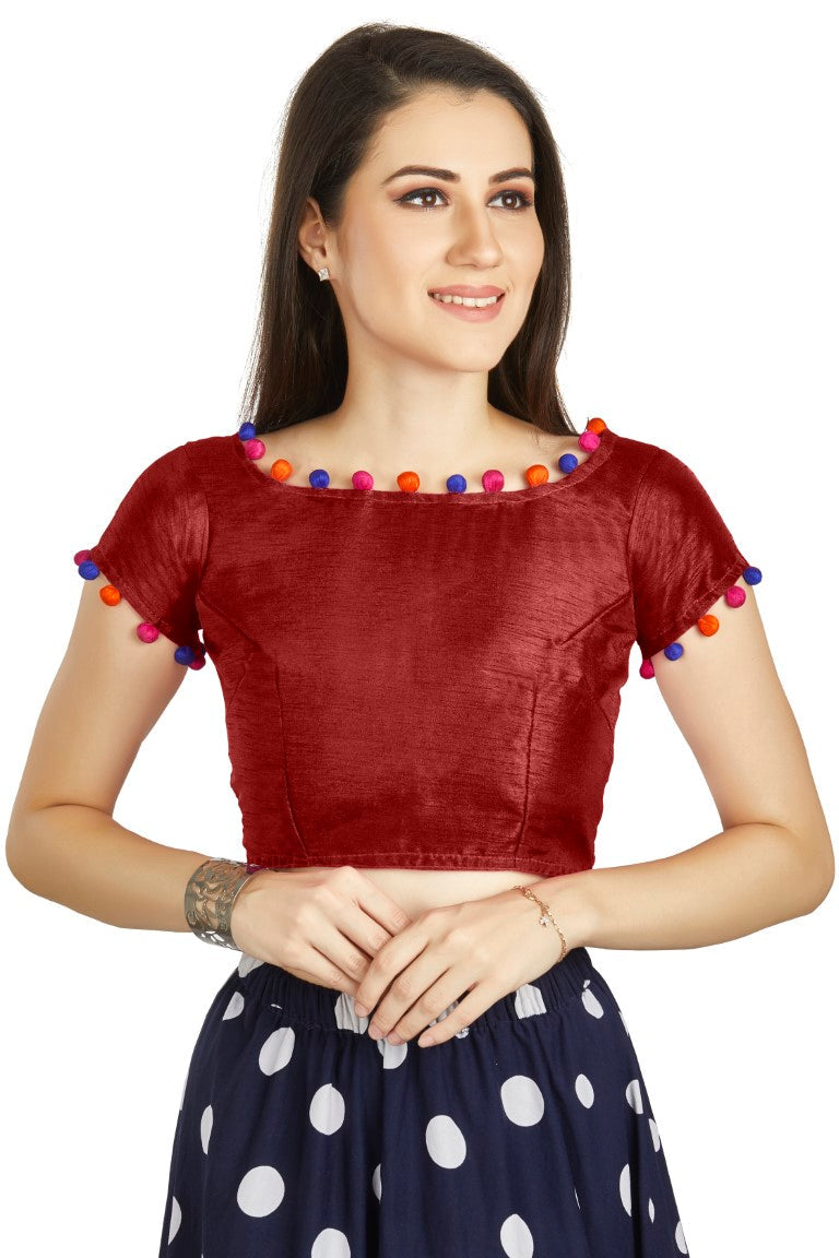 Aastha Fashion Maroon Art Sleek Boat Neck Potli Design In Neck Or Sleeve Readymade Blouse - Distacart
