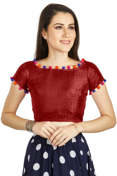 Aastha Fashion Maroon Art Sleek Boat Neck Potli Design In Neck Or Sleeve Readymade Blouse