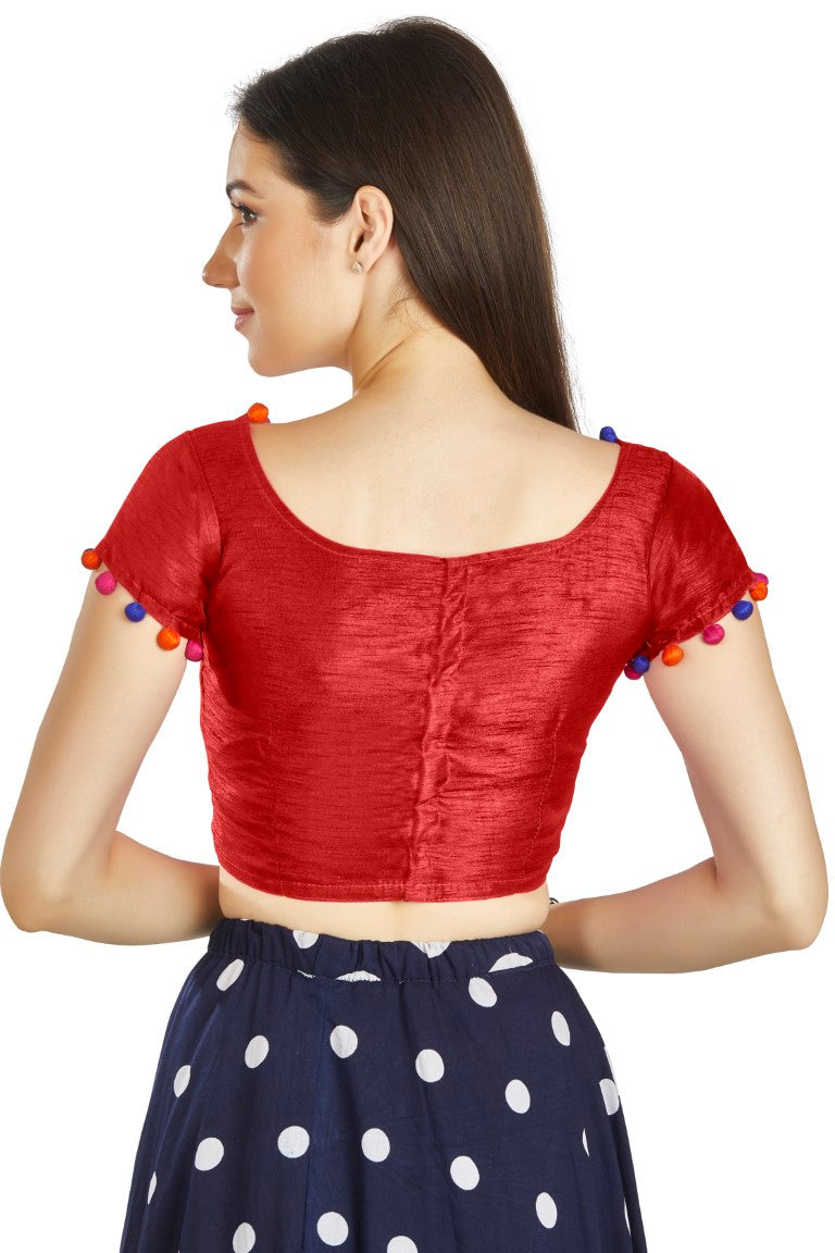Aastha Fashion Red Art Sleek Boat Neck Potli Design In Neck Or Sleeve Readymade Blouse