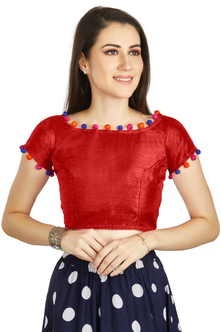 Aastha Fashion Red Art Sleek Boat Neck Potli Design In Neck Or Sleeve Readymade Blouse - Distacart