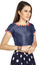 Thumbnail for Aastha Fashion Navy Blue Art Sleek Boat Neck Potli Design In Neck Or Sleeve Readymade Blouse - Distacart