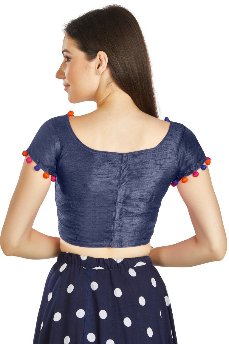 Aastha Fashion Navy Blue Art Sleek Boat Neck Potli Design In Neck Or Sleeve Readymade Blouse - Distacart