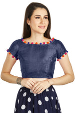 Thumbnail for Aastha Fashion Navy Blue Art Sleek Boat Neck Potli Design In Neck Or Sleeve Readymade Blouse - Distacart