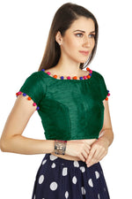 Thumbnail for Aastha Fashion Bottle Green Art Sleek Boat Neck Potli Design In Neck Or Sleeve Readymade Blouse - Distacart