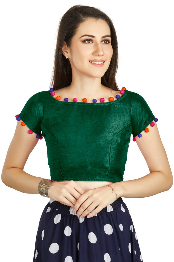 Aastha Fashion Bottle Green Art Sleek Boat Neck Potli Design In Neck Or Sleeve Readymade Blouse - Distacart