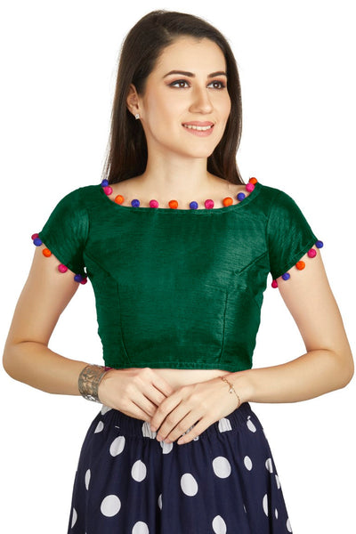 Aastha Fashion Bottle Green Art Sleek Boat Neck Potli Design In Neck Or Sleeve Readymade Blouse - Distacart