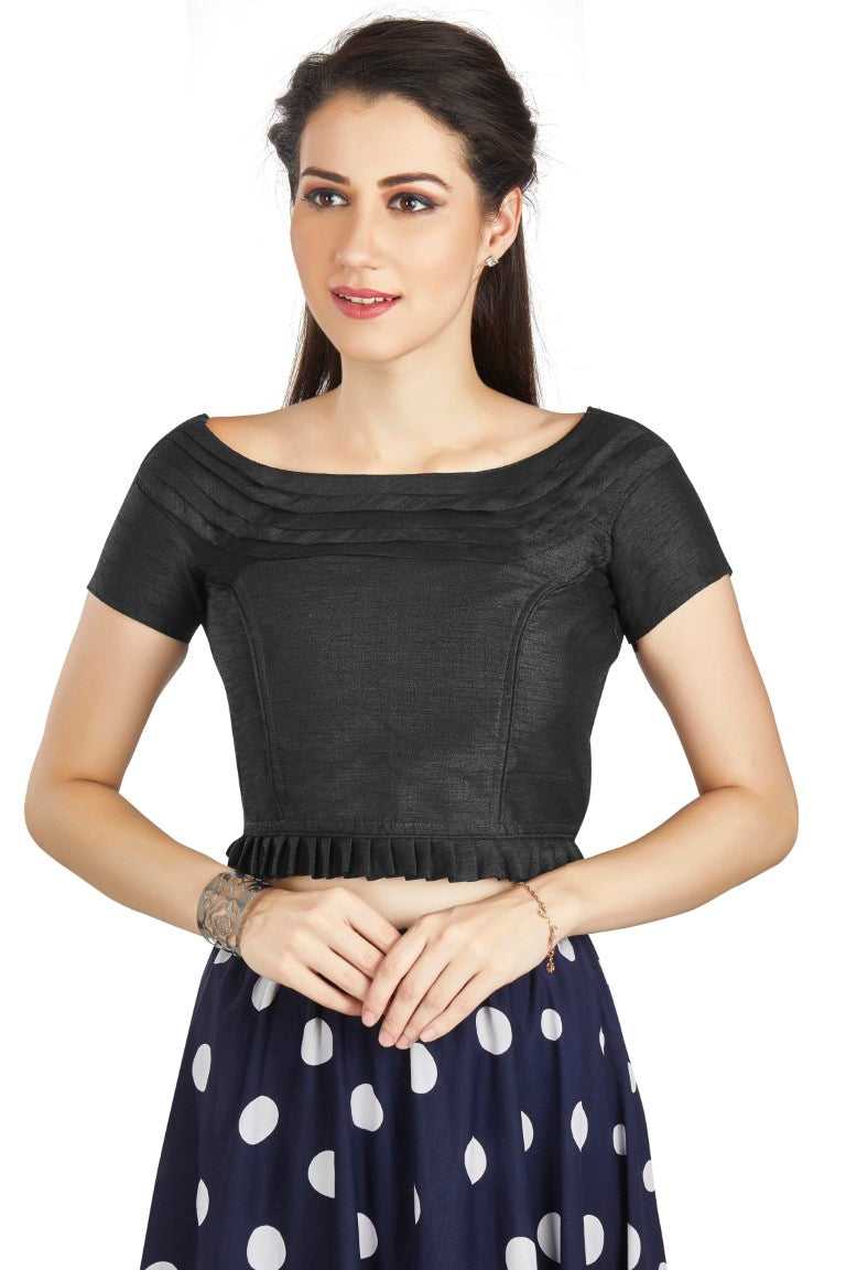 Aastha Fashion Black Art Silk Pleated Boat Neck Princes Readymade Blouse - Distacart