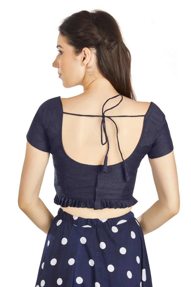 Aastha Fashion Navy Blue Art Silk Pleated Boat Neck Princes Readymade Blouse - Distacart