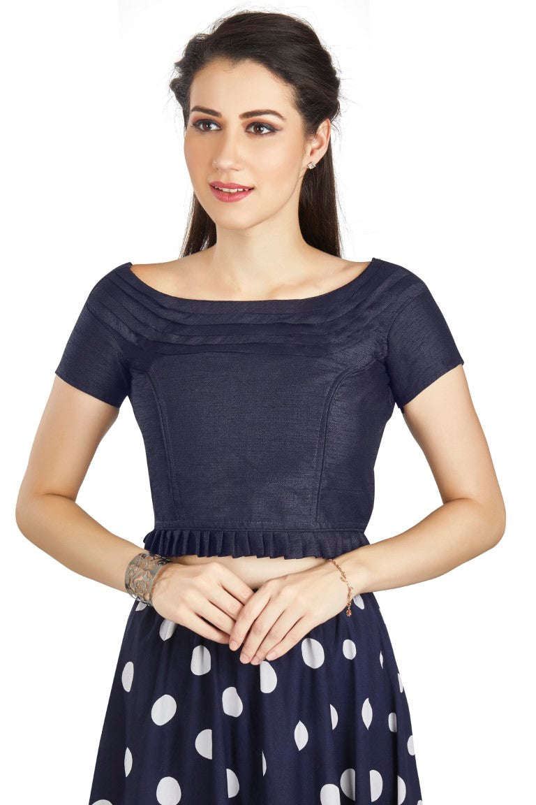 Aastha Fashion Navy Blue Art Silk Pleated Boat Neck Princes Readymade Blouse - Distacart