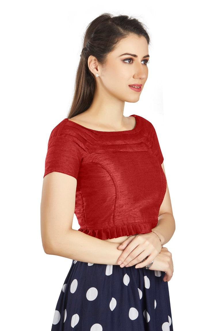 Aastha Fashion Red Art Silk Pleated Boat Neck Princes Readymade Blouse - Distacart