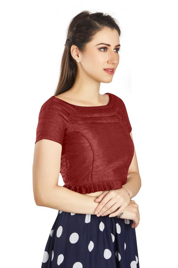Aastha Fashion Maroon Art Silk Pleated Boat Neck Princes Readymade Blouse - Distacart