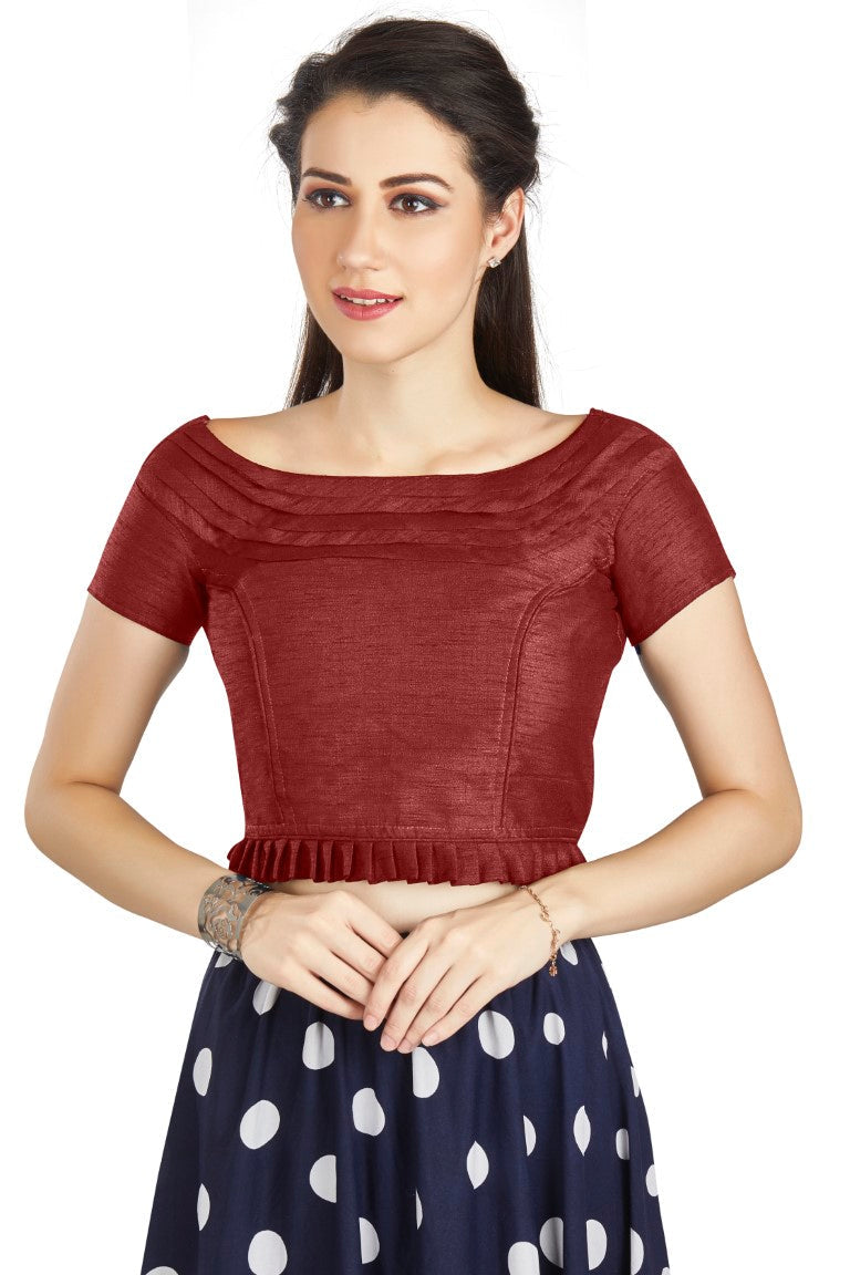 Aastha Fashion Maroon Art Silk Pleated Boat Neck Princes Readymade Blouse - Distacart