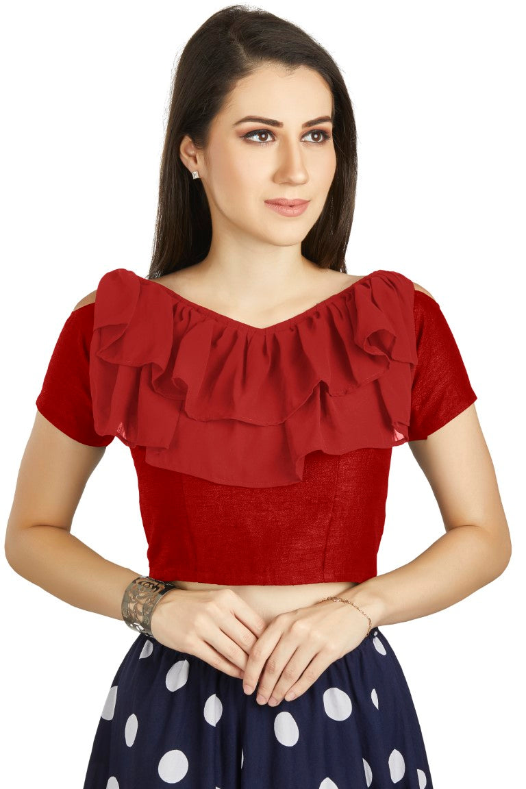 Aastha Fashion Red Art Silk V Neck Frill neck Work Readymade Blouse - Distacart
