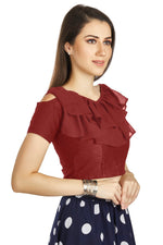 Thumbnail for Aastha Fashion Maroon Art Silk V Neck Frill neck Work Readymade Blouse - Distacart