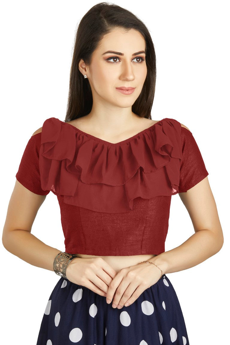 Aastha Fashion Maroon Art Silk V Neck Frill neck Work Readymade Blouse - Distacart