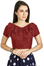 Thumbnail for Aastha Fashion Maroon Art Silk V Neck Frill neck Work Readymade Blouse - Distacart