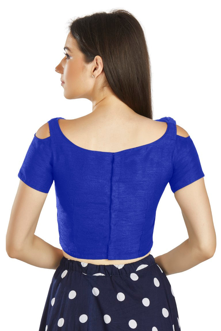 Aastha Fashion Royal Blue Art Silk V Neck Frill neck Work Readymade Blouse - Distacart