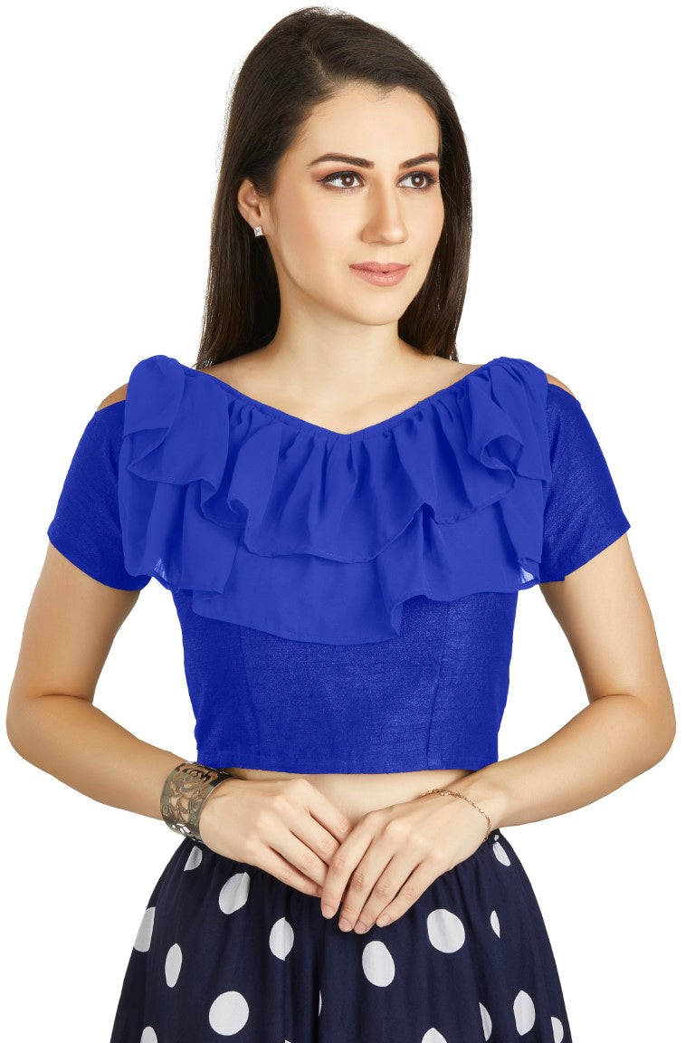 Aastha Fashion Royal Blue Art Silk V Neck Frill neck Work Readymade Blouse - Distacart
