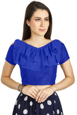 Thumbnail for Aastha Fashion Royal Blue Art Silk V Neck Frill neck Work Readymade Blouse - Distacart