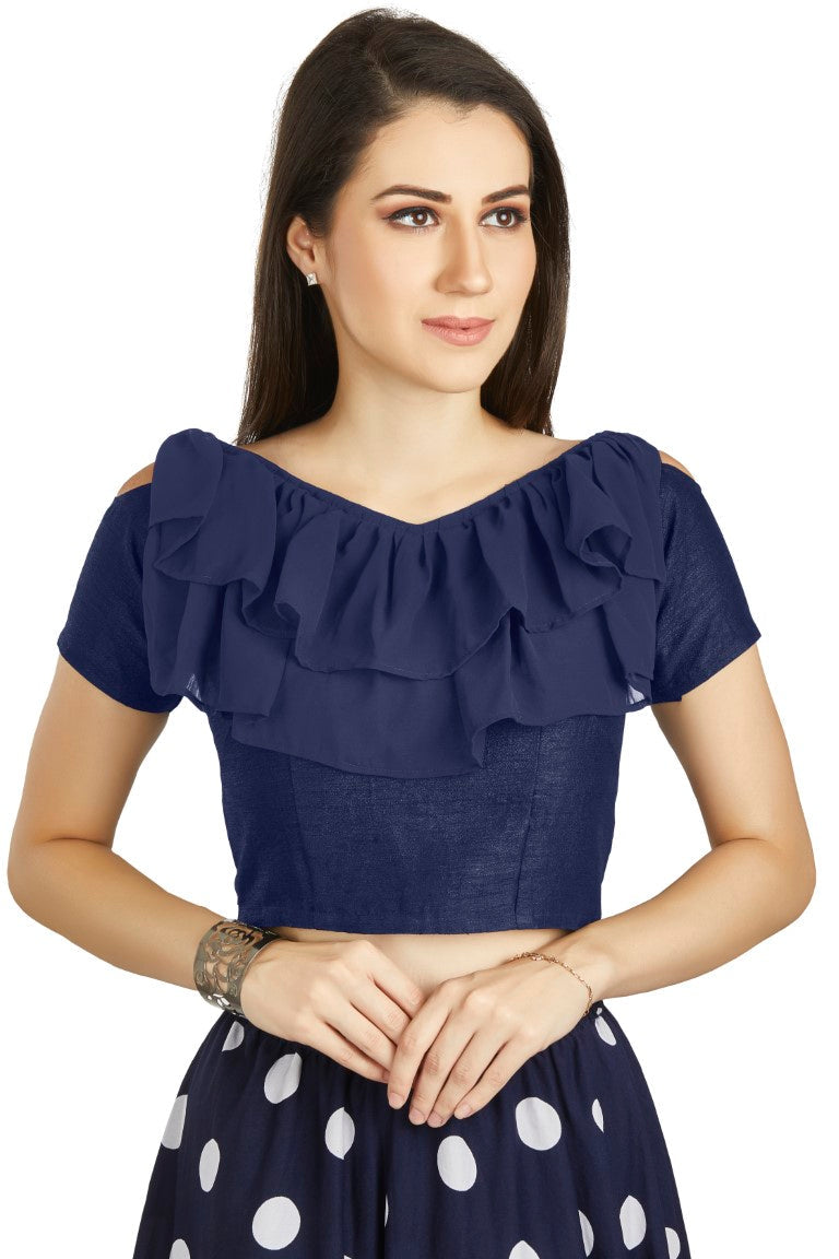 Aastha Fashion Navy Blue Art Silk V Neck Frill neck Work Readymade Blouse - Distacart