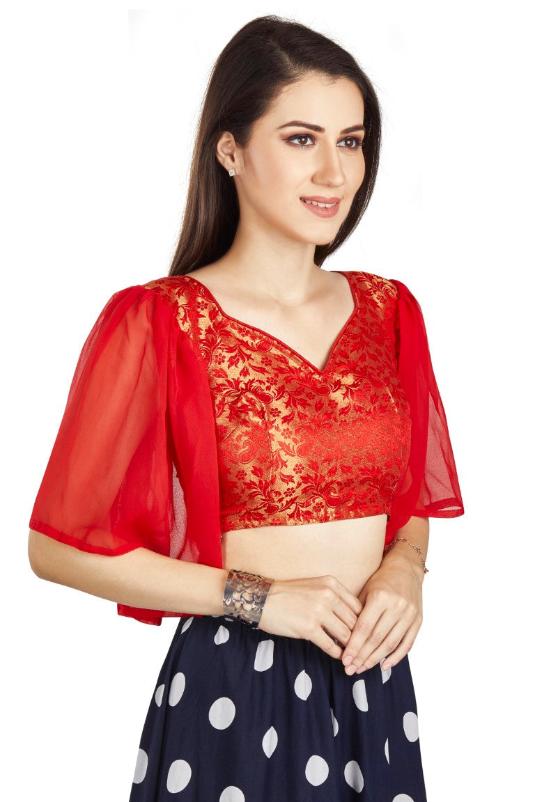Aastha Fashion Red Brocade V Neck Pleated Frill In Sleeve Readymade Blouse - Distacart