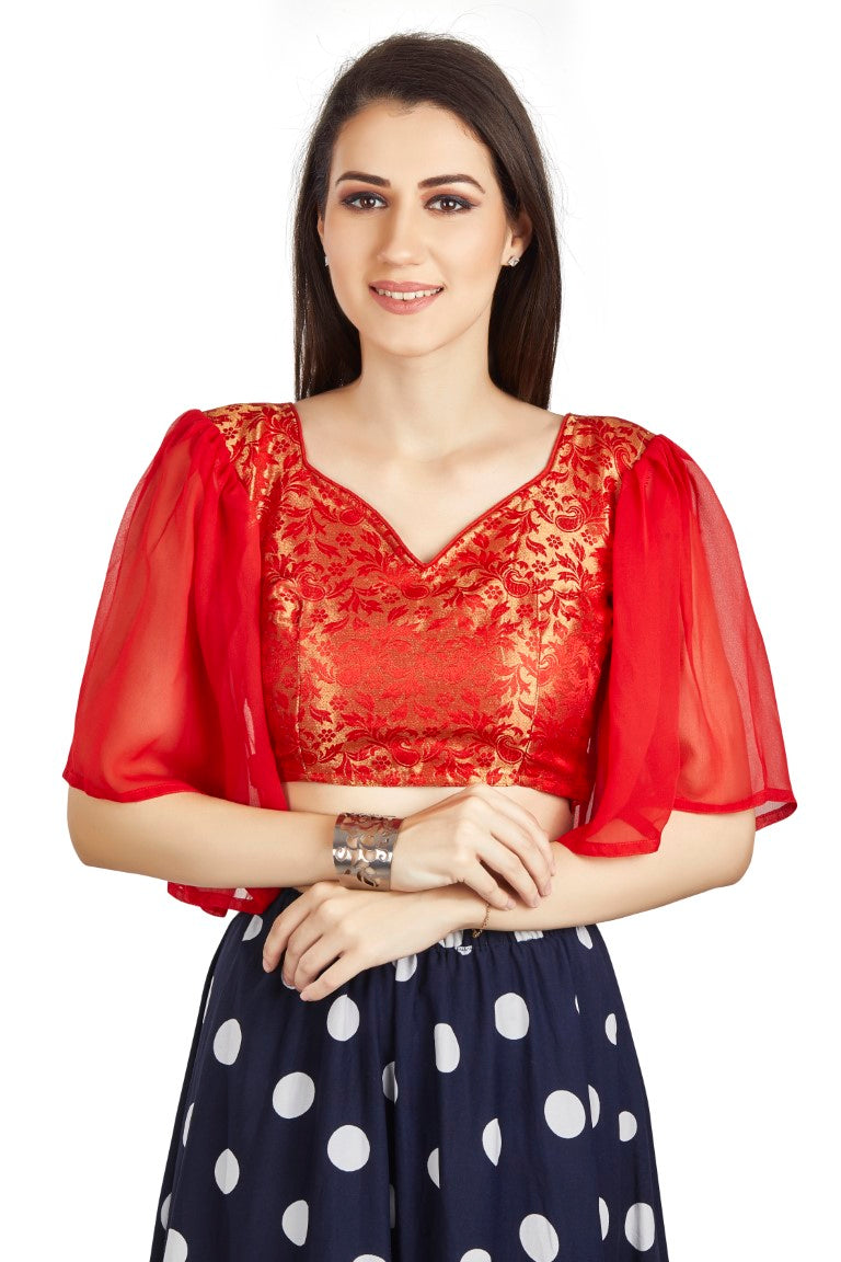 Aastha Fashion Red Brocade V Neck Pleated Frill In Sleeve Readymade Blouse - Distacart