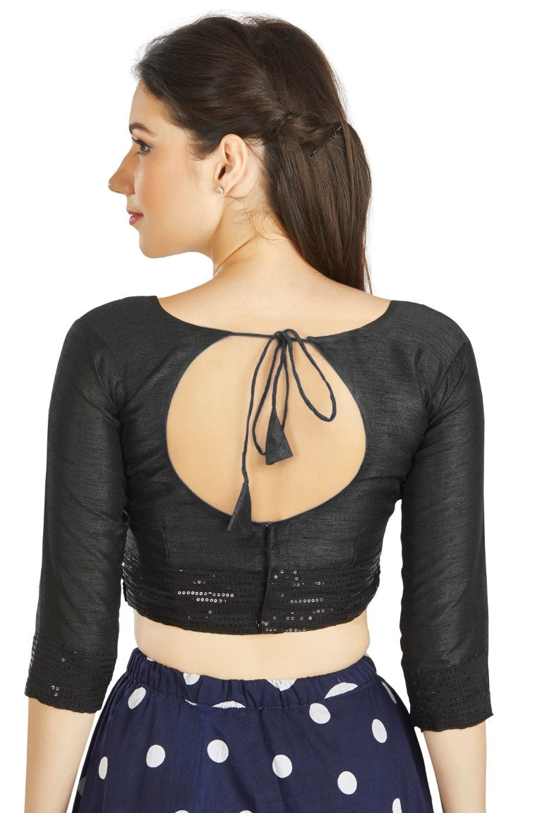 Aastha Fashion Black Art Silk Round Neck Sequence Border in Sleeves Or Waist Readymade Blouse - Distacart