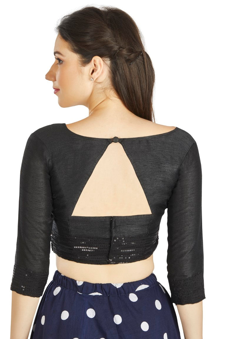 Aastha Fashion Black Art Silk Round Neck Sequence Border in Sleeves Or Waist Readymade Blouse - Distacart
