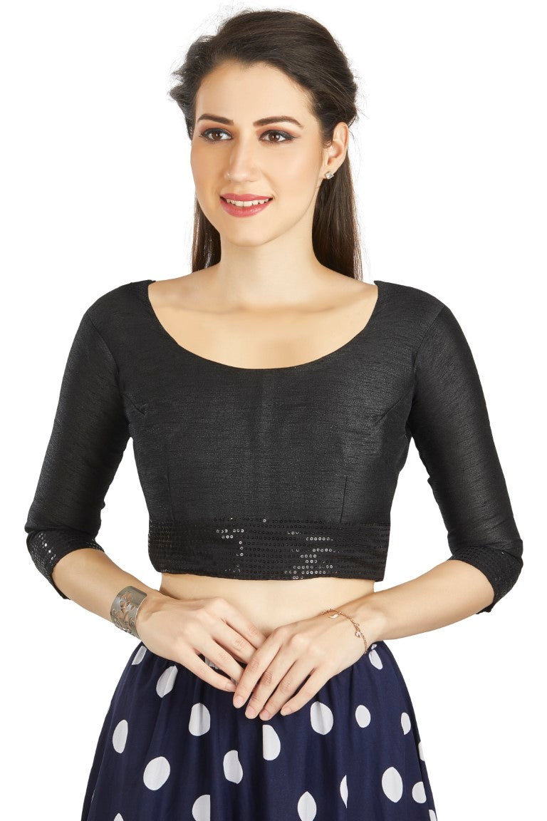 Aastha Fashion Black Art Silk Round Neck Sequence Border in Sleeves Or Waist Readymade Blouse - Distacart