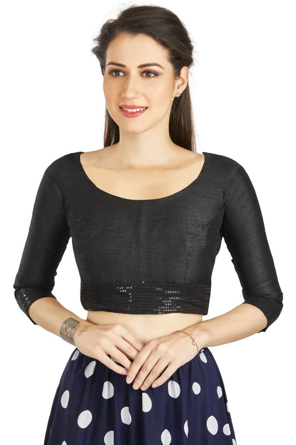 Aastha Fashion Black Art Silk Round Neck Sequence Border in Sleeves Or Waist Readymade Blouse