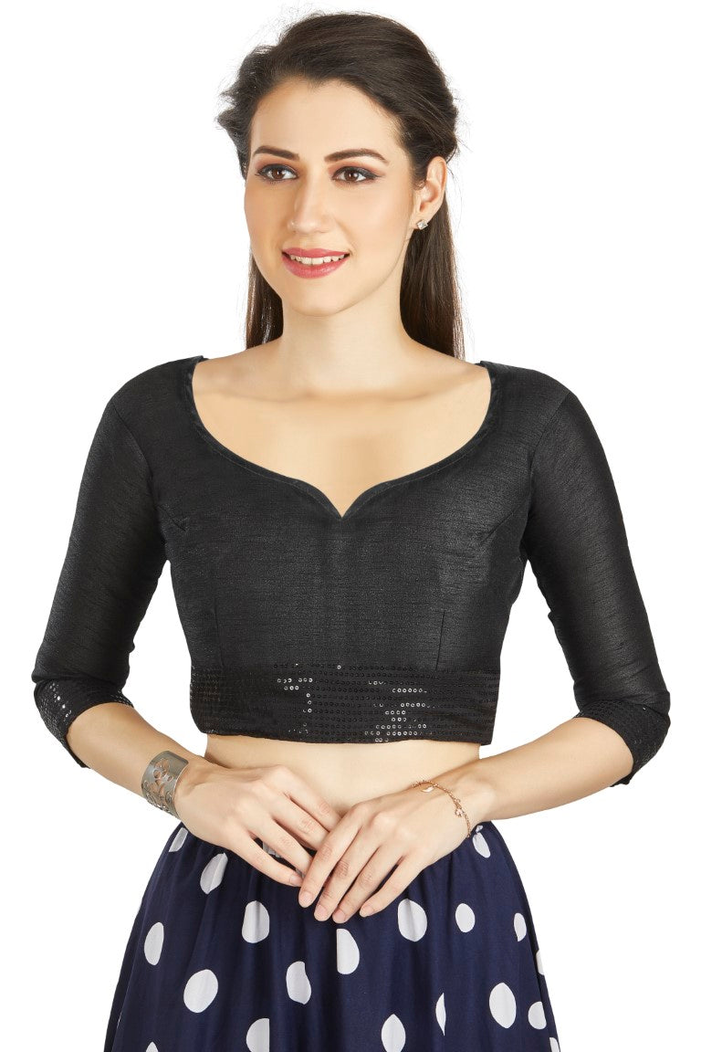 Aastha Fashion Black Art Silk Round Neck Sequence Border in Sleeves Or Waist Readymade Blouse - Distacart