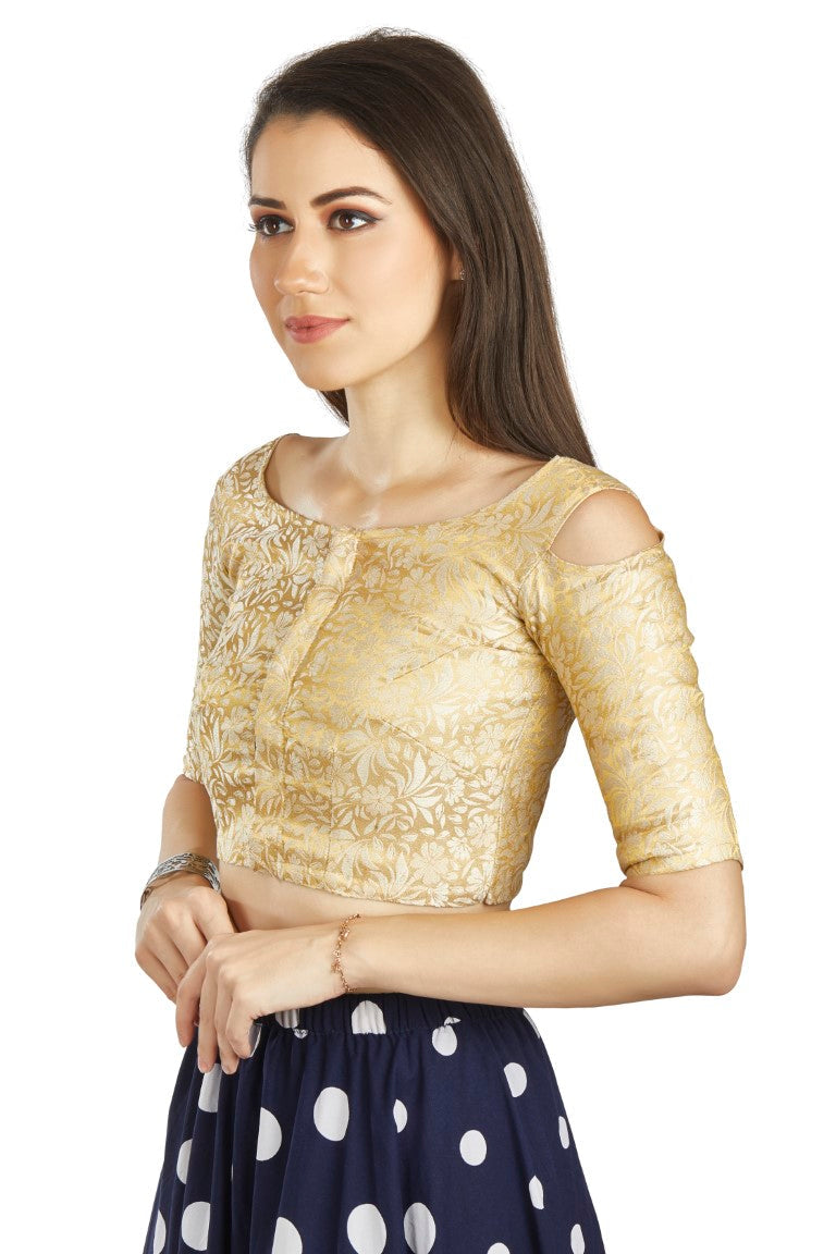 Aastha Fashion Beige Brocade Boat Neck Cold Sleeve Readymade Blouse - Distacart