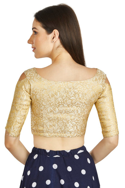 Aastha Fashion Beige Brocade Boat Neck Cold Sleeve Readymade Blouse - Distacart