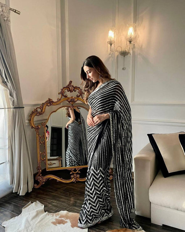 Aastha Fashion Black Georgette Sequence Embroidery Saree
