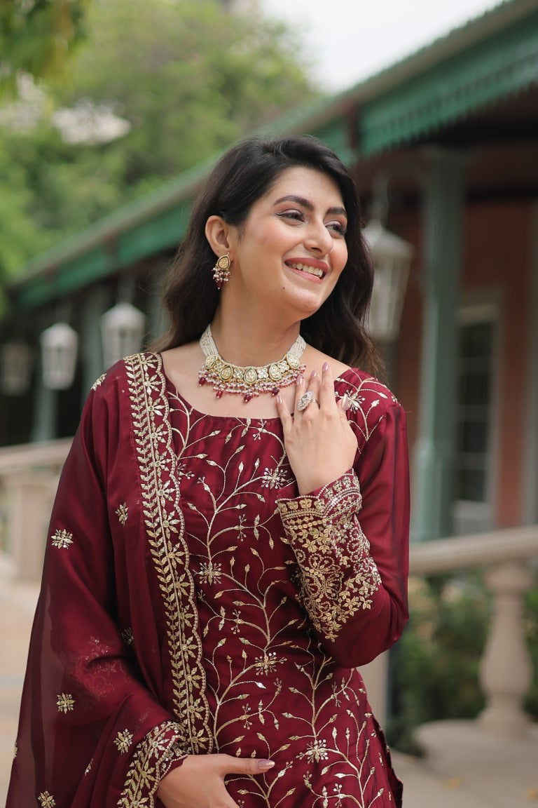 Aastha Fashion Maroon Rangoli Silk Sequins & Thread Embroidered work Party Wear Designer Suit - Distacart